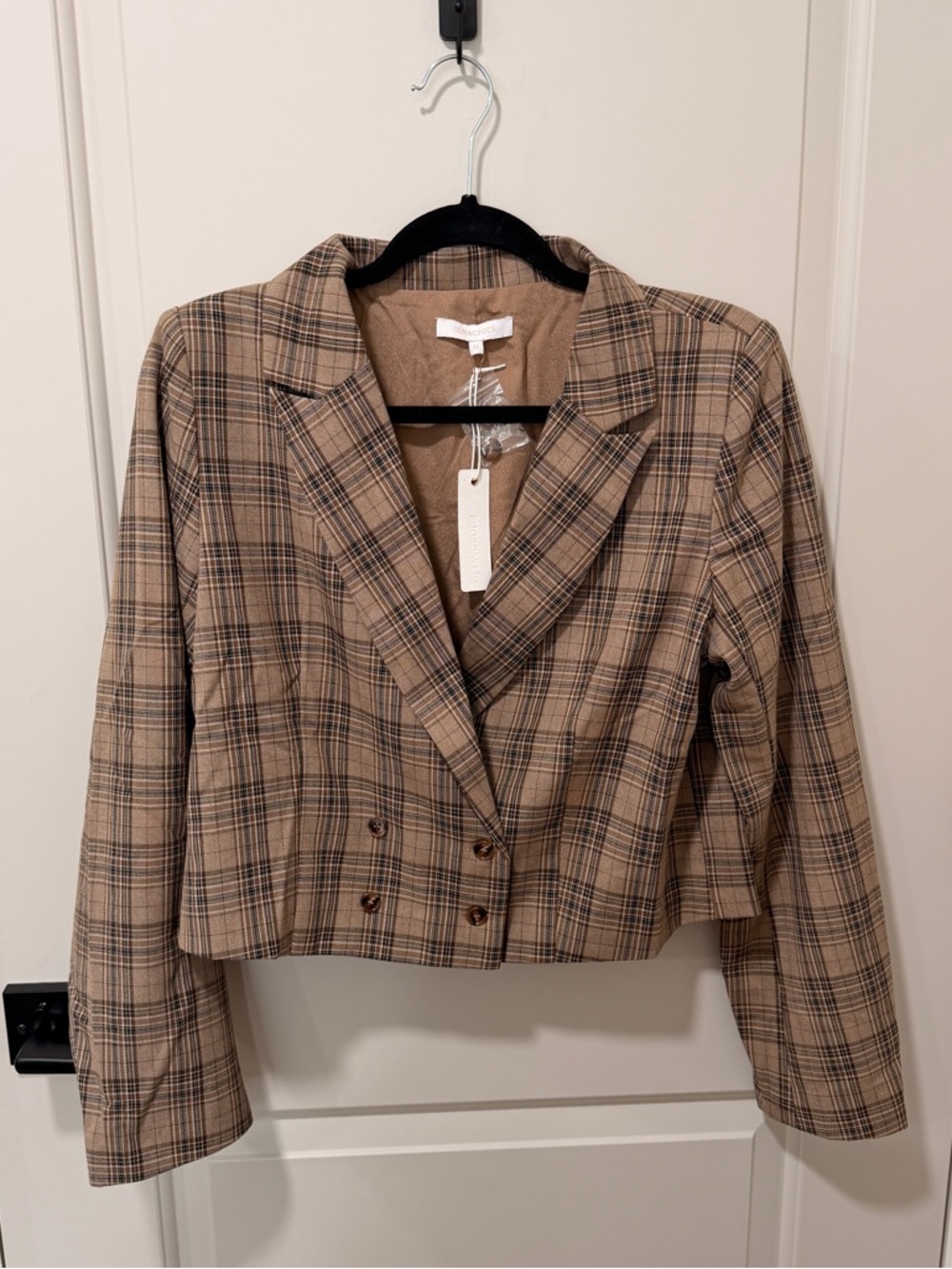Olivaceous Tan Plaid Double-Breasted Cropped Blazer